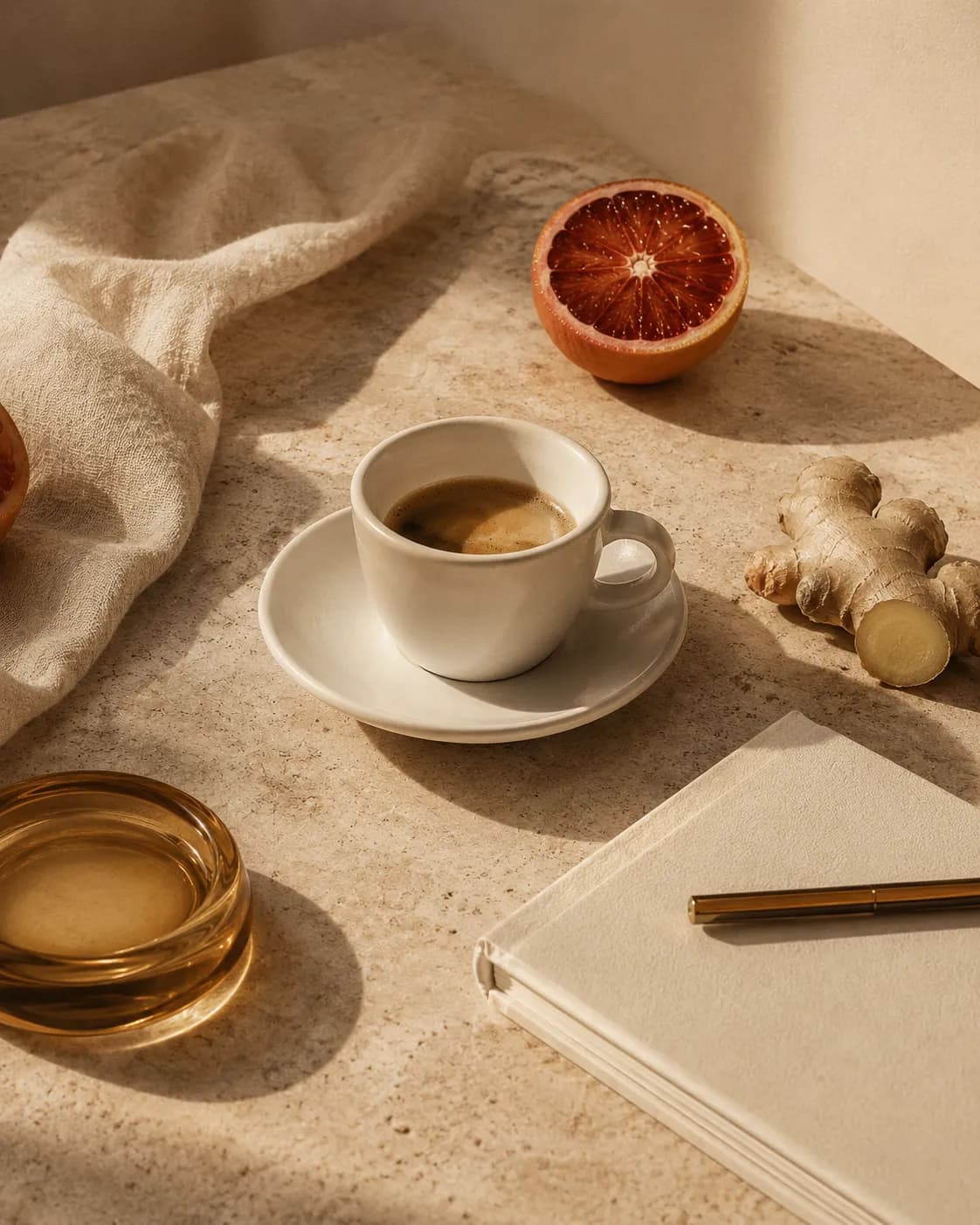 Blood orange, ginger and an espresso in morning light.