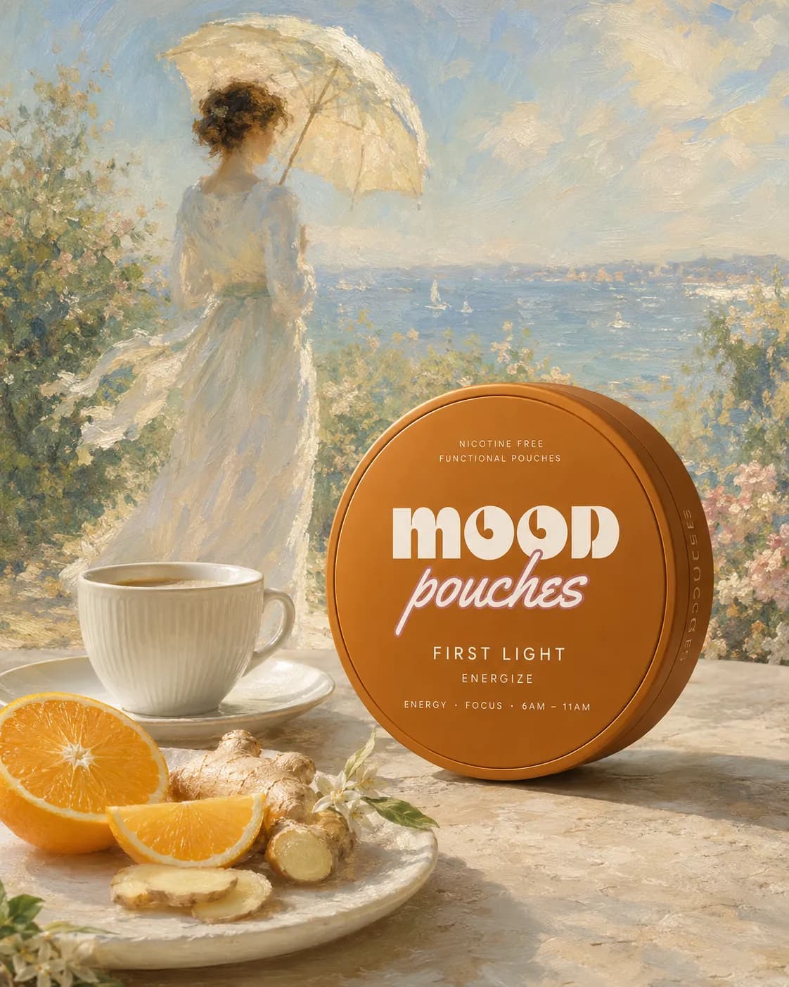 An impressionist seaside morning, a parasol, and the amber tin.