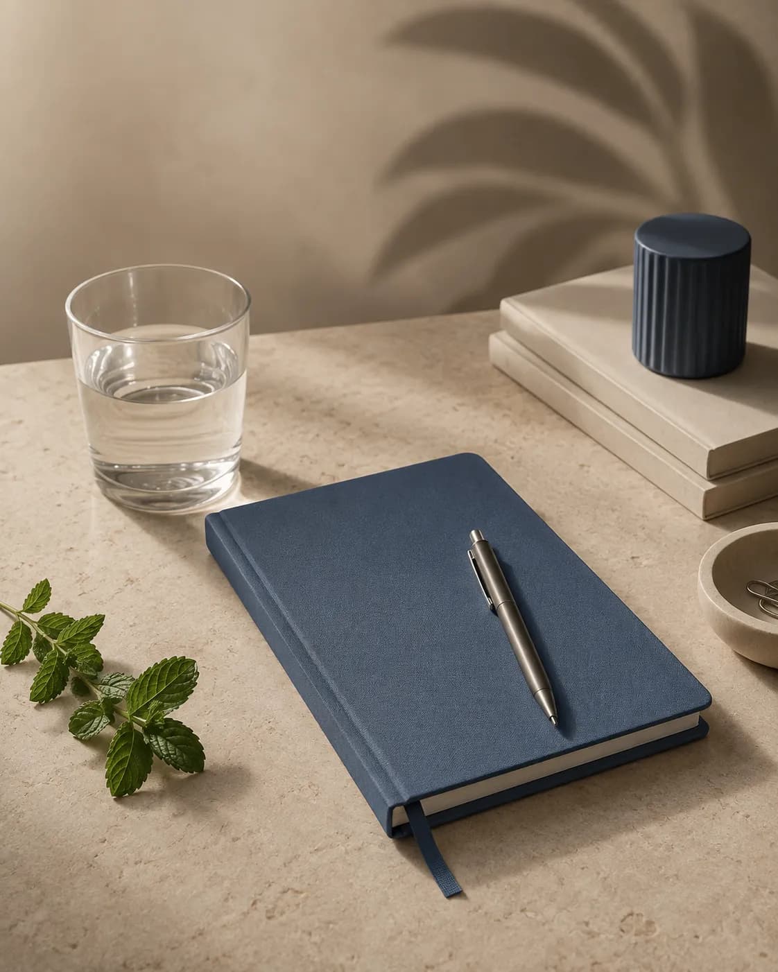 A navy notebook, a brass pen, a glass of water and fresh mint.