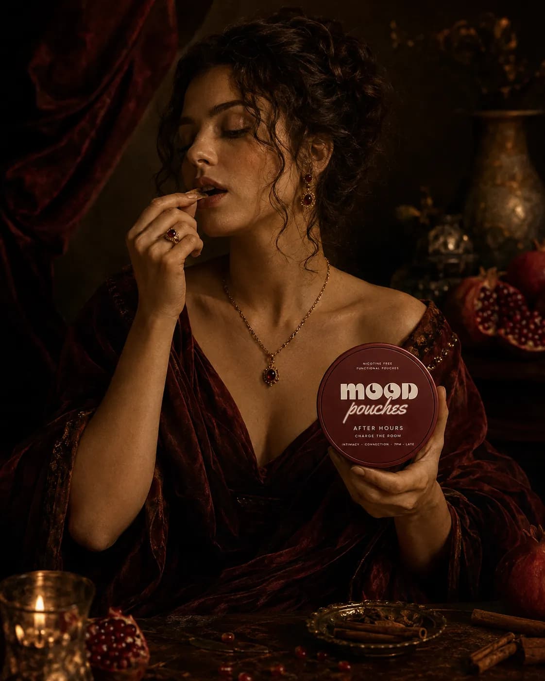 A woman in red velvet placing a pouch by candlelight.