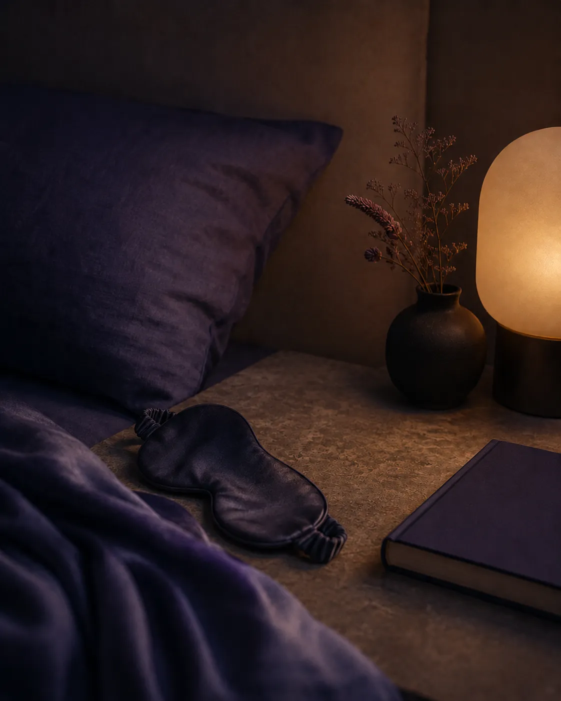 A bedside in purple linen with a sleep mask and a warm lamp.