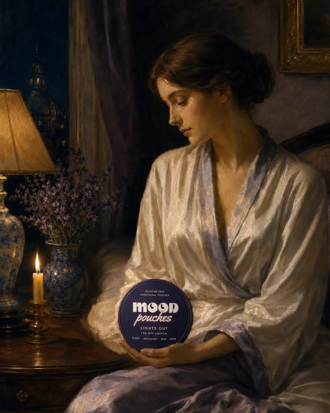 A woman in a pale robe by candlelight, lavender at the bedside.