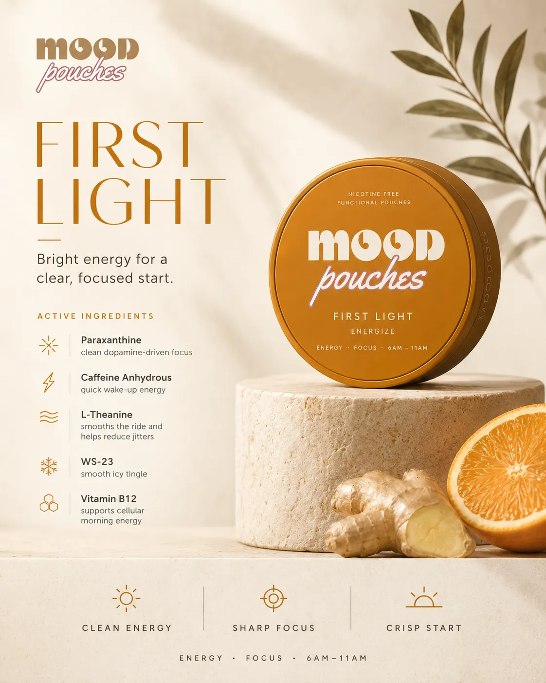 The amber FIRST LIGHT tin on a stone plinth with blood orange and ginger.