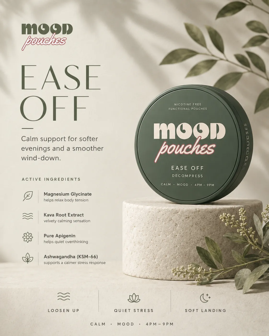 The sage EASE OFF tin on a stone plinth among olive leaves.