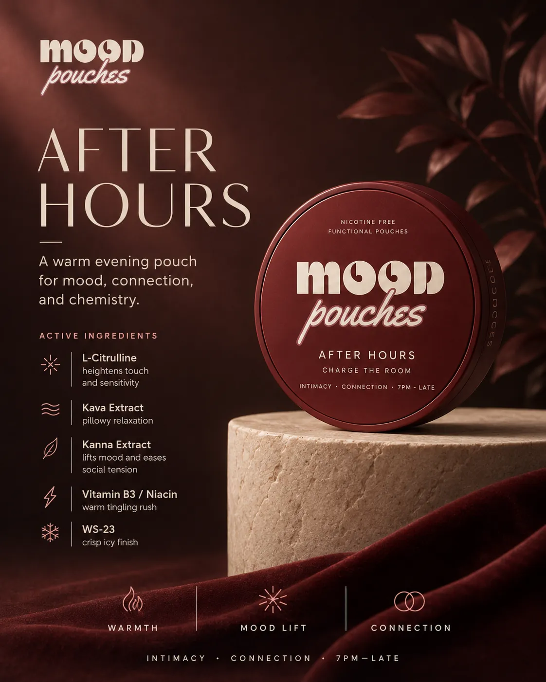 The oxblood AFTER HOURS tin on a stone plinth draped in red velvet.