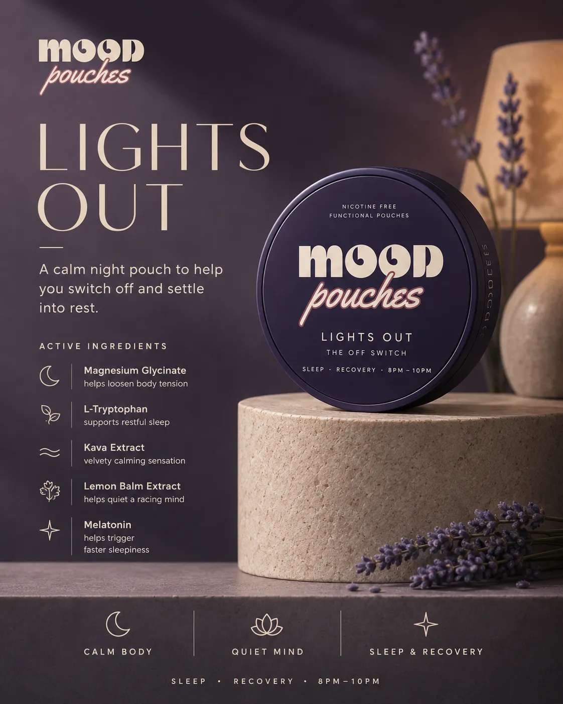 The midnight LIGHTS OUT tin on a stone plinth with lavender and lamplight.