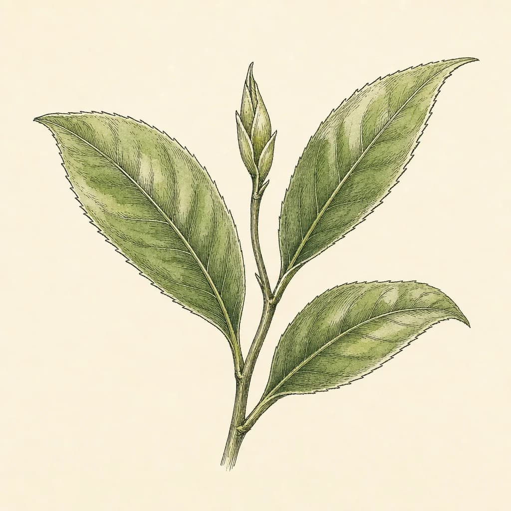 Botanical line illustration of a green tea sprig.