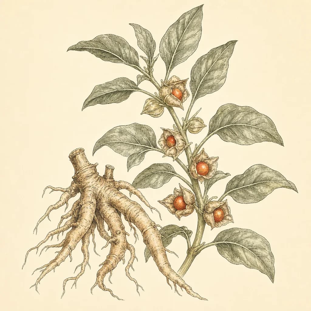 Botanical line illustration of an ashwagandha root and berries.