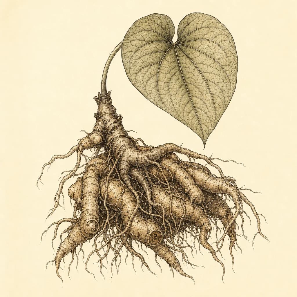 Botanical line illustration of a kava root and leaf.
