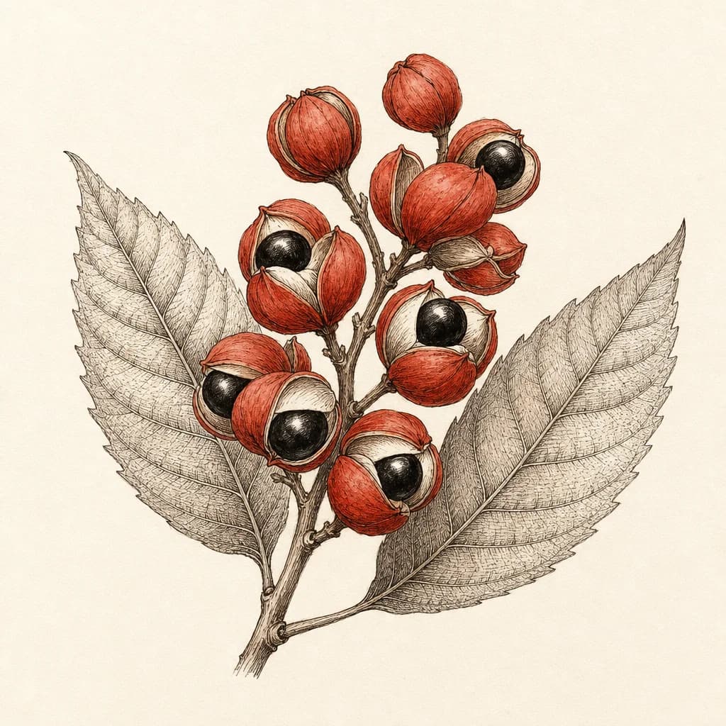 Botanical line illustration of guarana fruit and seeds.