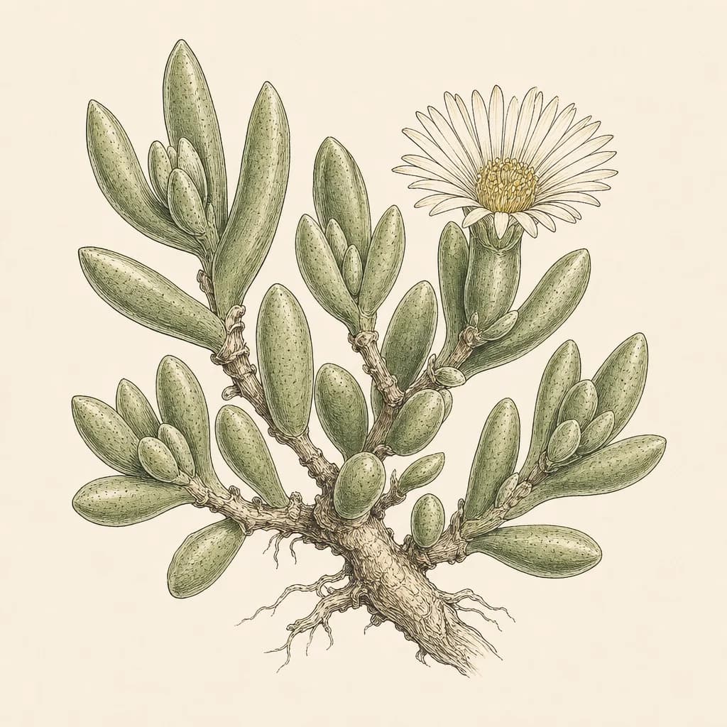 Botanical line illustration of a kanna succulent in flower.