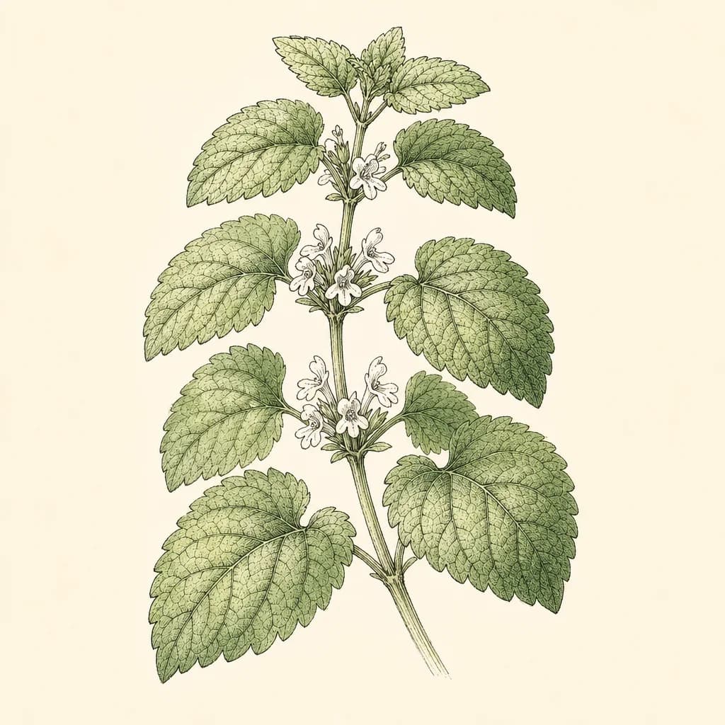 Botanical line illustration of a lemon balm sprig.