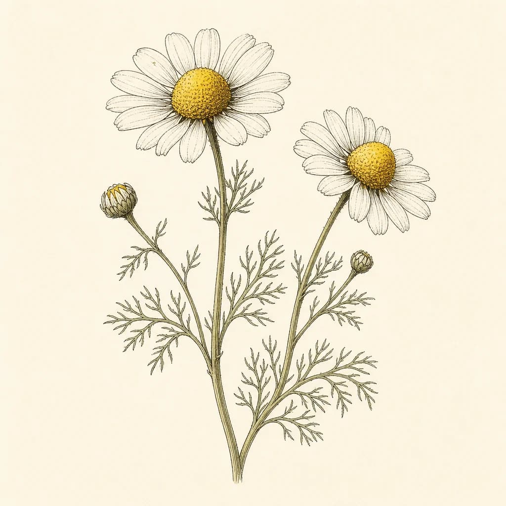 Botanical line illustration of chamomile flowers.