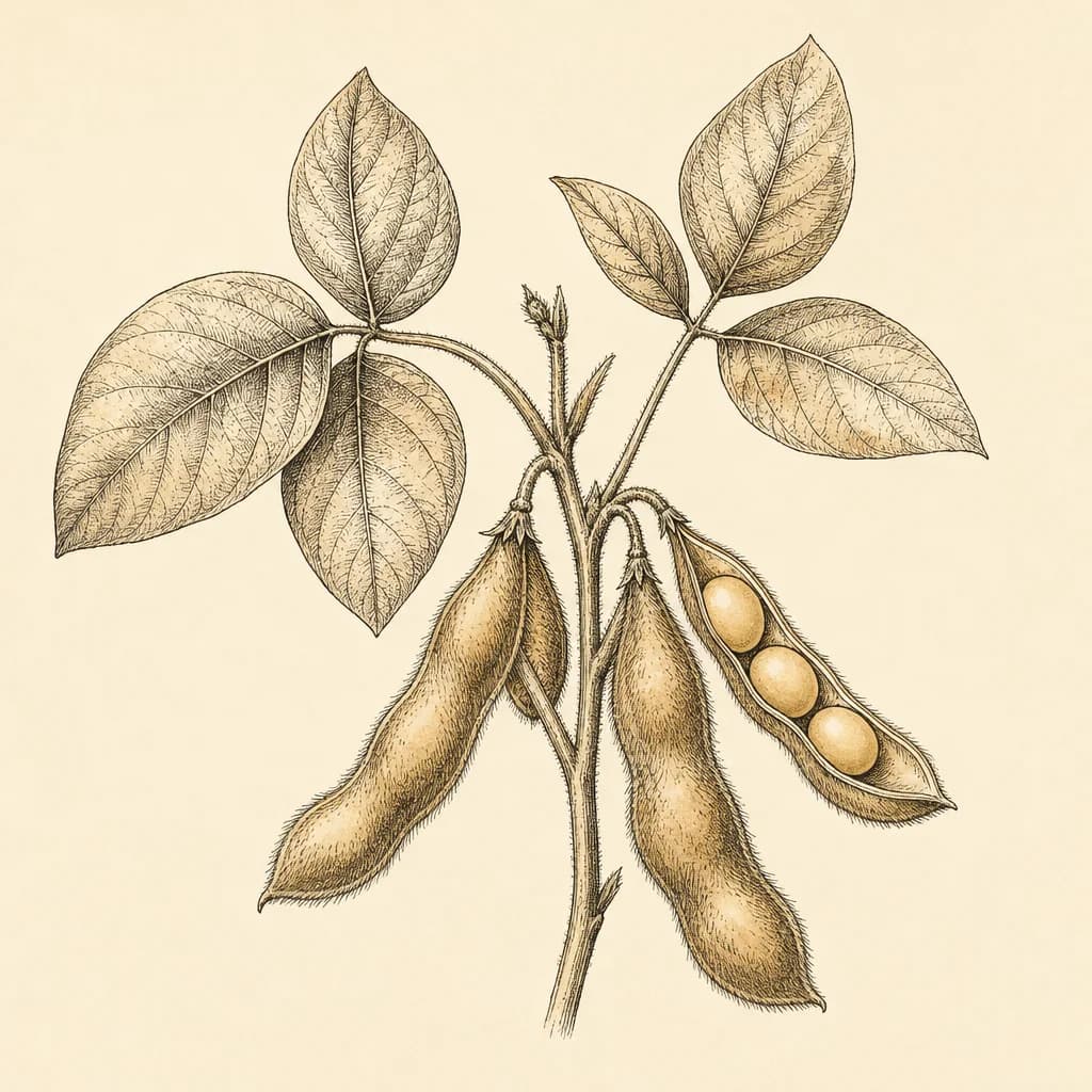 Botanical line illustration of soybean pods.
