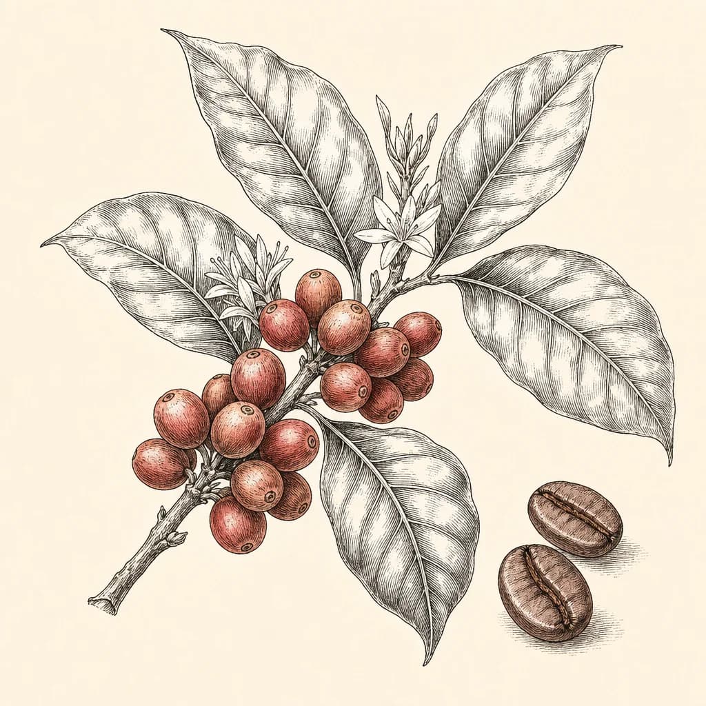 Botanical line illustration of a coffee branch and beans.