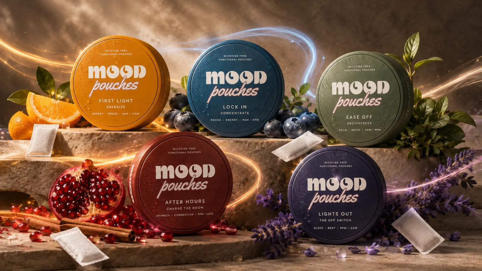 All five tins in day order on a stone plinth, in sunlight.